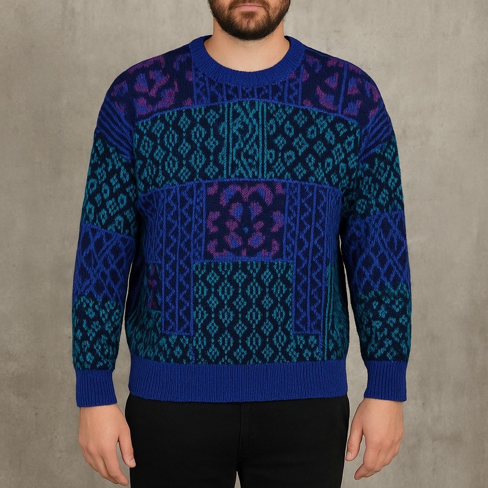 Vintage 80s TREND BASICS Geometric Knit Sweater L Bold Color Block Pattern Korea
